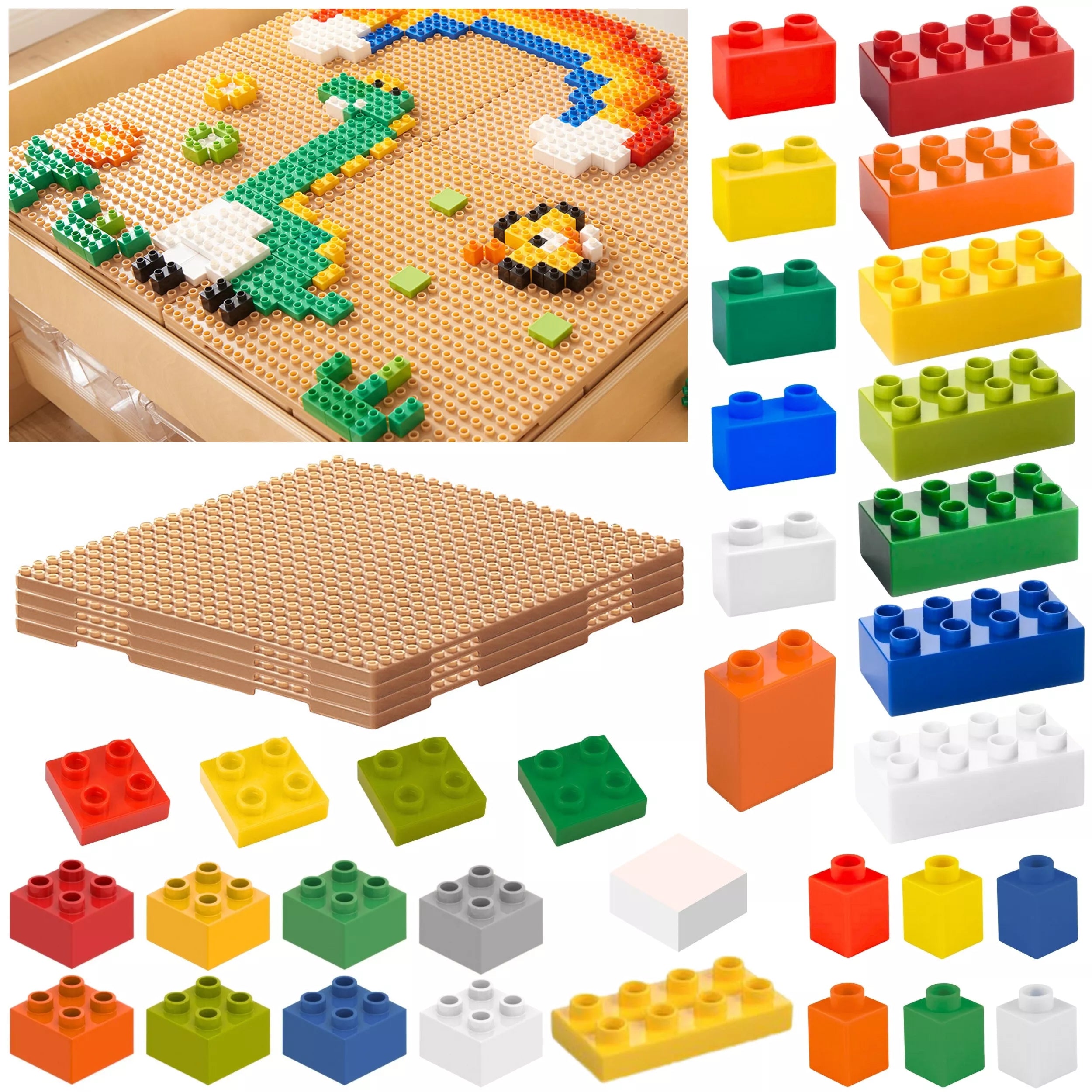 STEM kaladėlių rinkinys 563 vnt. su 4 panelių užklotais.